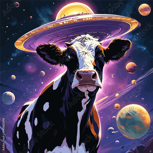 UFO-Inspired Cow with Alien Utopia in the Background