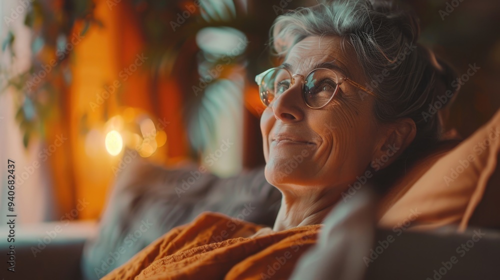 Obraz premium Portrait of happy woman relaxing at home on couch.