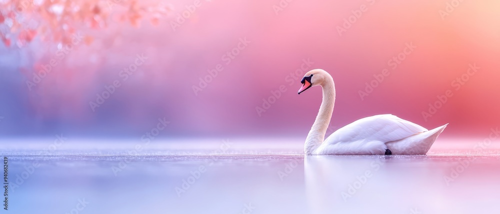 Fototapeta premium A white swan floats on a tranquil lake against a pastel backdrop of pink and blue, with a tree in the distance