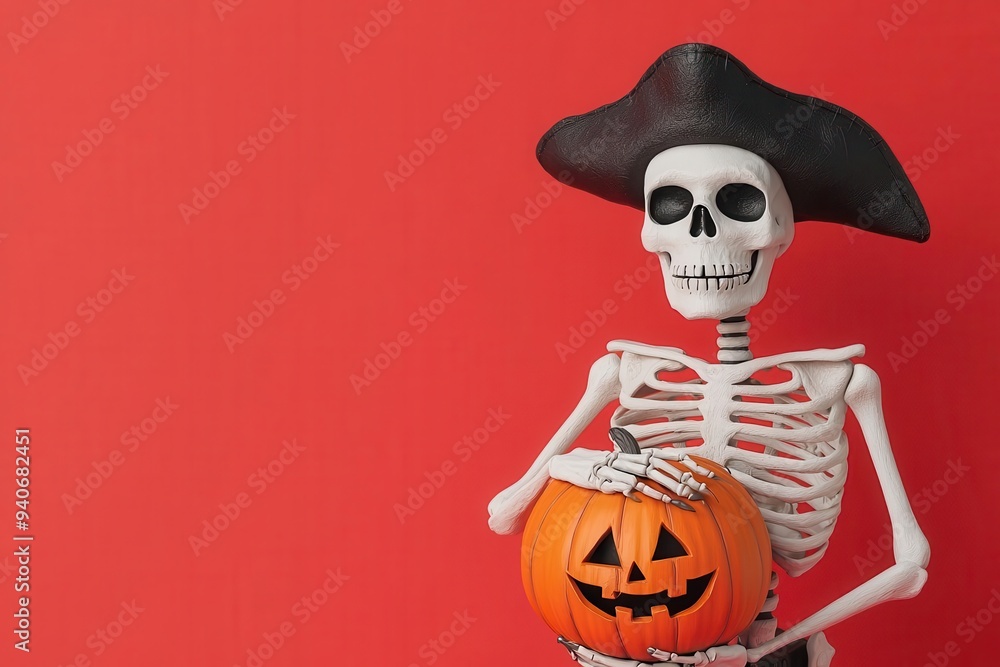 Skeleton pirate holding a Halloween pumpkin, clay figure, 3D illustration Skeleton pirate holding a Halloween pumpkin, clay figure, 3D illustration