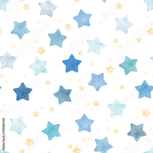 watercolor star seamless pattern vector. Cute blue and yellow stars. Funny day and happy sky. Beautiful design for baby dress, child skirt, kid cloth, wrapping, paper, card, print, cover, confetti.