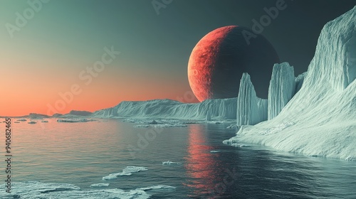 Uncharted Realm: Exoplanet with Frozen Seas Orbiting Red Dwarf Star photo