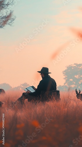 A dedicated zoologist studying wildlife in a field setting, taking notes while observing animals in their habitat, with a soft color backdrop photo