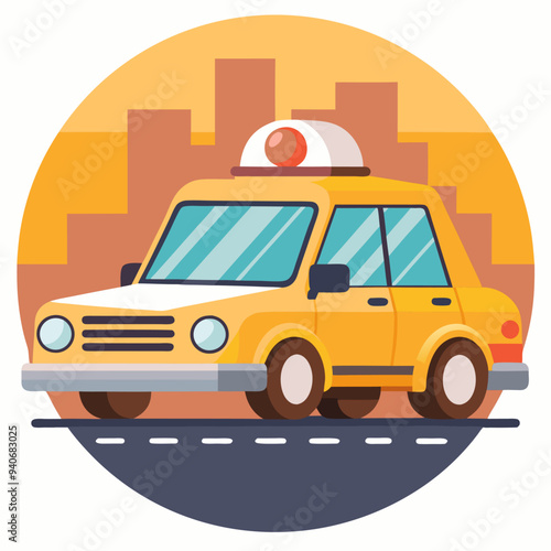 Yellow Taxi Cab on a City Street with a Sunset Sky
