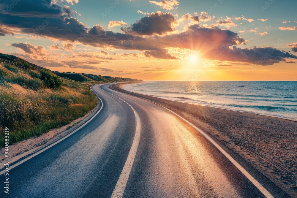 Naklejka premium road landscape on summer in sunset. highway landscape at colorful sunset. Road view on the beach in summertime. colorful seascape with beautiful road scenery. Highway view on beach for vacation , ai