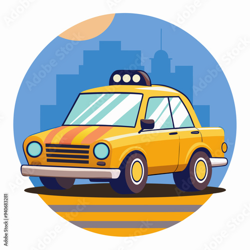 Yellow Taxi Cab with City Skyline in Background