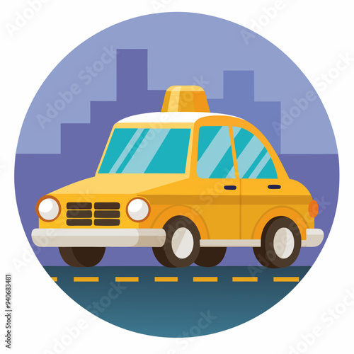 Yellow Taxi Cab Driving on a Road with City Buildings in the Background