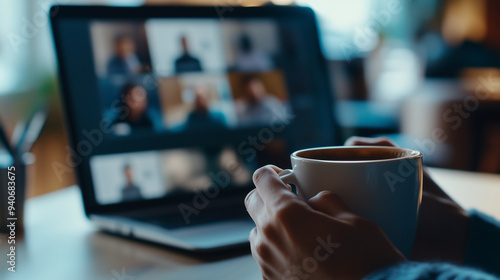 Virtual meeting concept with a close-up of hands holding a coffee mug in front of a laptop screen showing a video conference