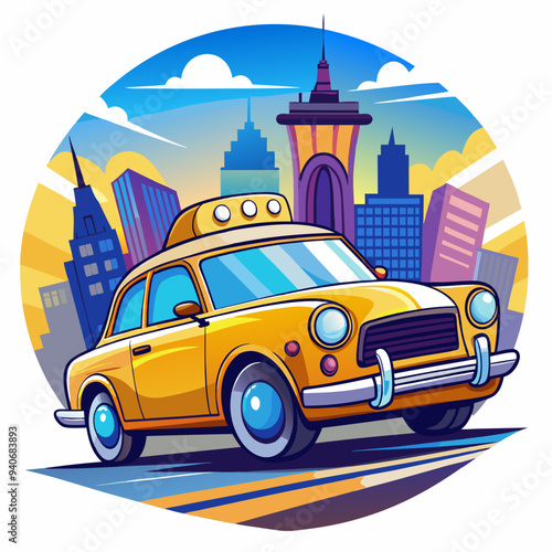 Yellow Taxi Cab Driving Through City Skyline