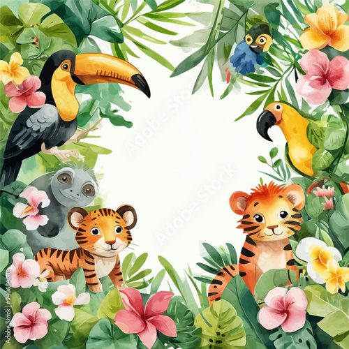 Vibrant Jungle Scene with Tiger, Parrot, and Monkey