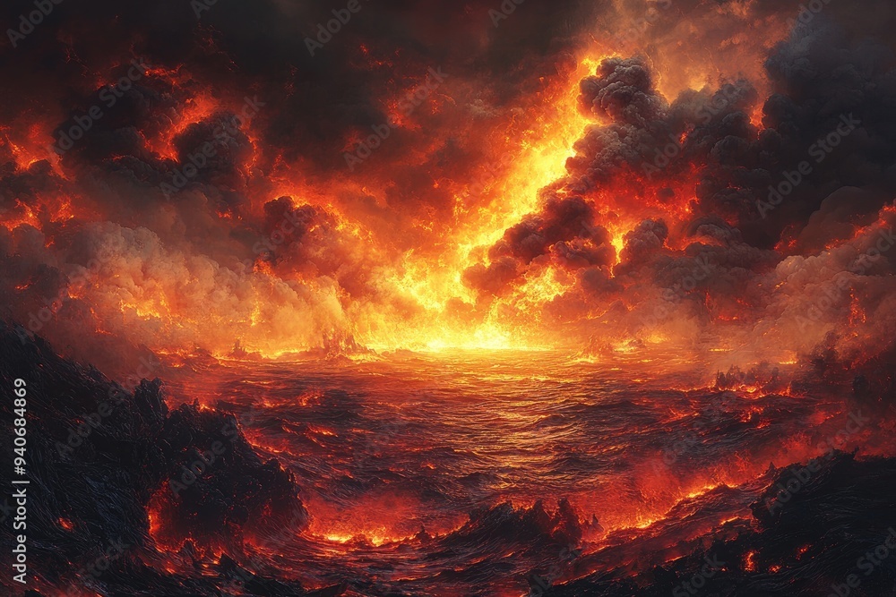 Fiery Sky Over a Sea of Lava Fiery Sky Over a Sea of Lava