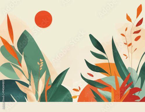 Vibrant Tropical Leaves and Flower Illustration