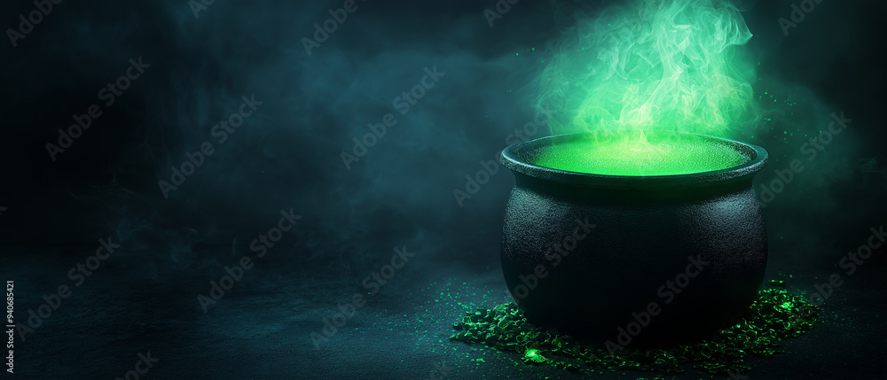 Witch's cauldron with green glowing potion isolated on a foggy dark blue background Witch's cauldron with green glowing potion isolated on a foggy dark blue background