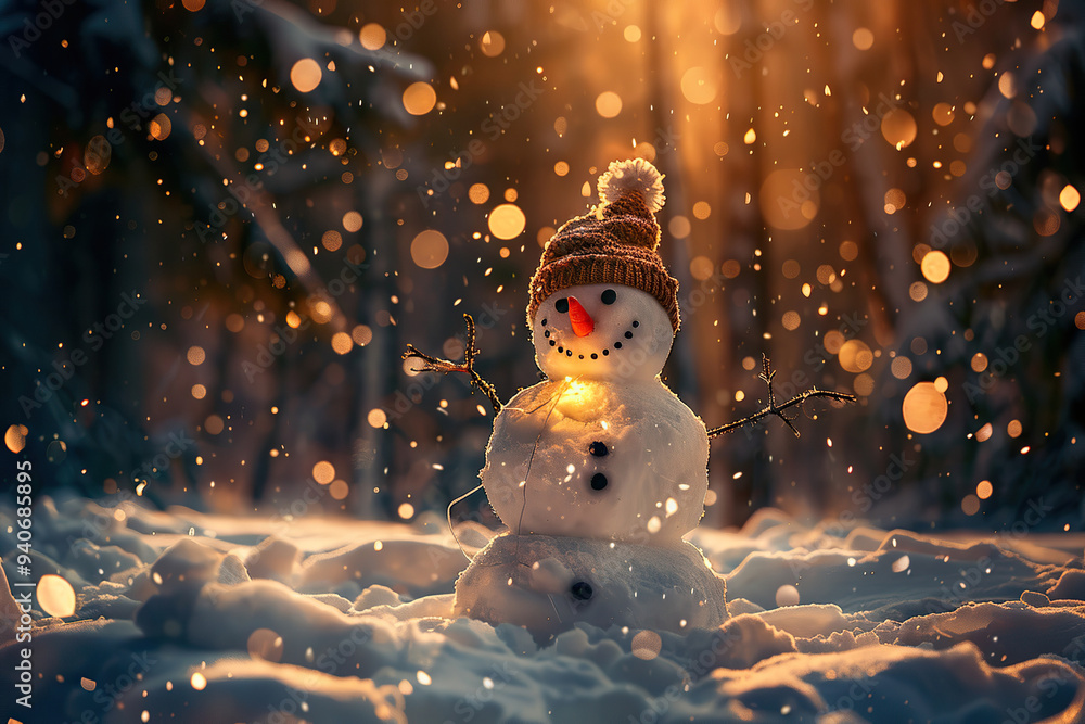 Obraz premium Christmas greeting card with bright winter holiday snowman and New Year background
