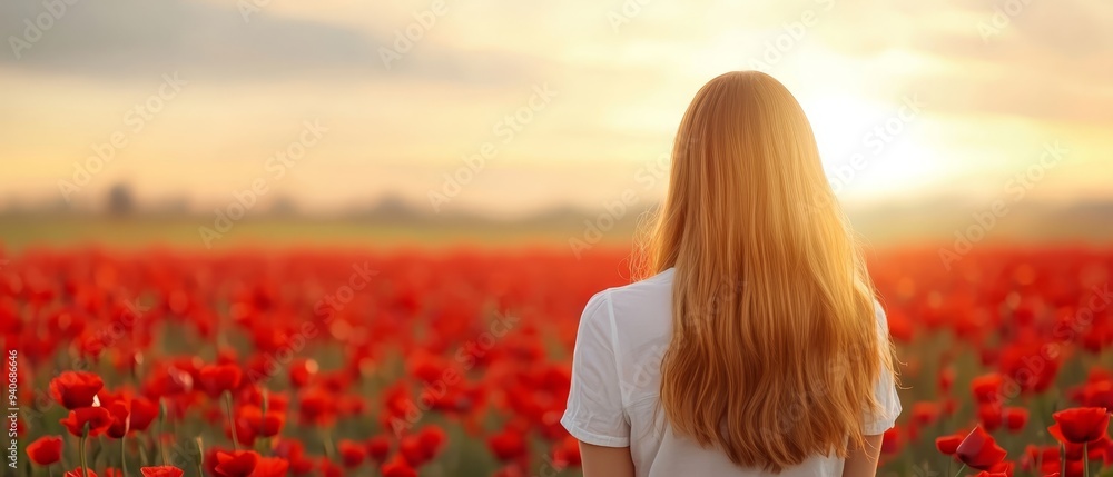 Naklejka premium A woman's head turned away, surrounded by a sea of red blooms Sunlight filtered through drifting clouds