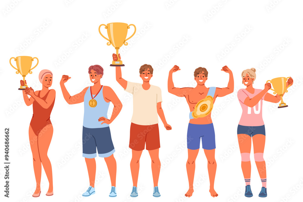 Several athletes with gold cups and medals boast of achievements and trophies received at international olympics. Successful sportsmen with trophies for winning team running or swimming tournament