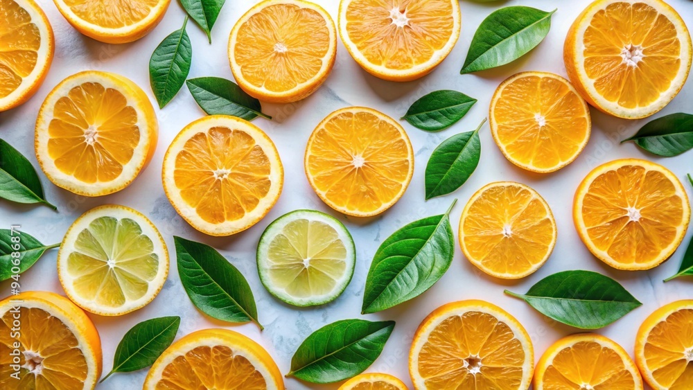 Obraz premium orange slices with green leaves, summer fruit for refreshment, citrus oranges for freshness. 