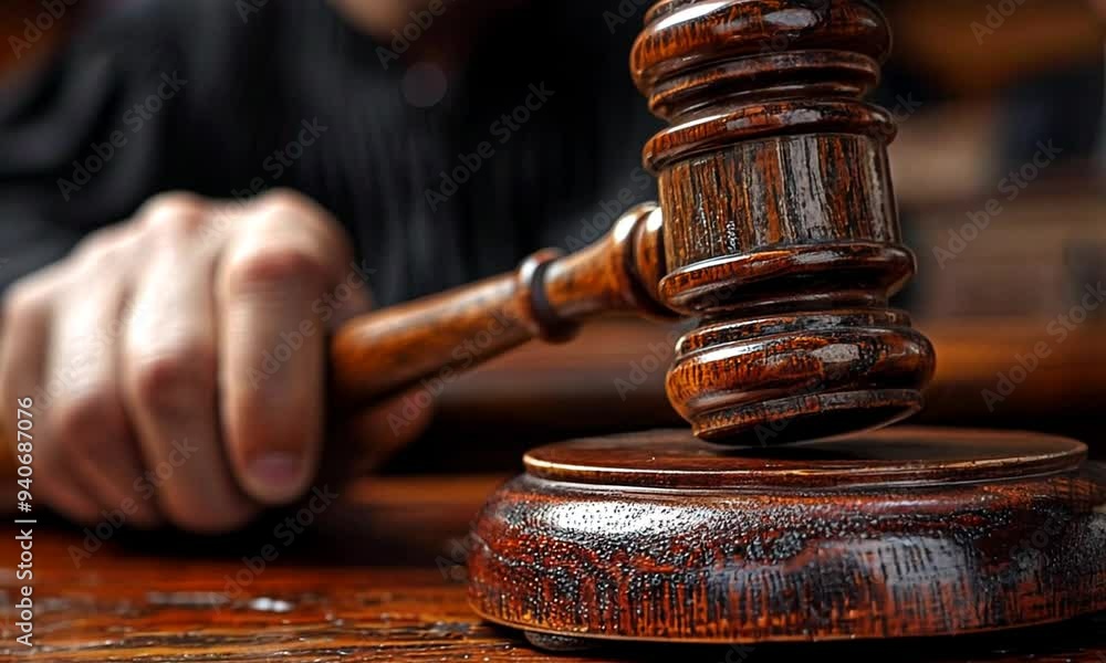 Close-up of a judge's hand holding a gavel Close-up of a judge's hand holding a gavel