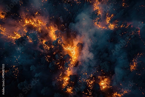 Forest fire at night with smoke and flames.