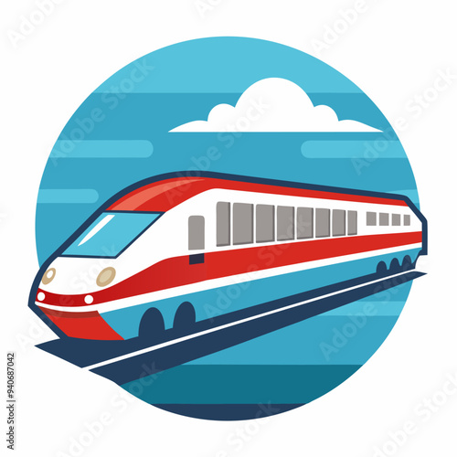 Red and White High-Speed Train Traveling on Tracks Against a Blue Sky with a White Cloud