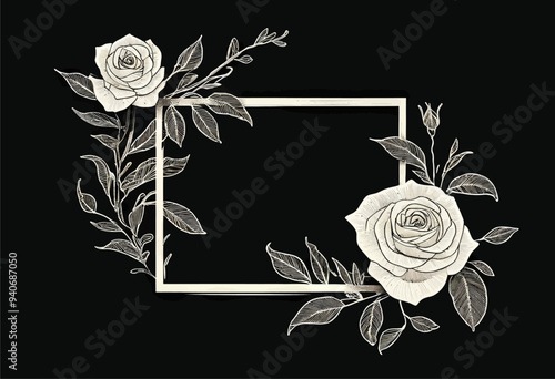 White Rose Decoration with Leaves and Frame