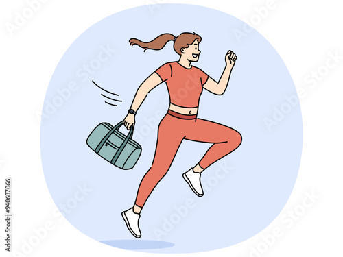 Running woman in sportswear holds bag with fitness items in hand and rushes to workout. Girl in sports uniform runs to fitness club, wanting to get rid of excess weight as soon as possible.