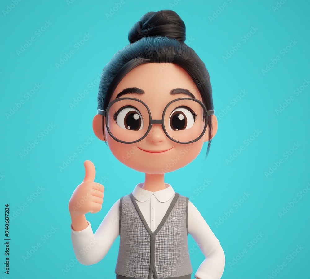 Smiling cartoon woman with glasses and a bun giving a thumbs up on a teal background Generative AI Smiling cartoon woman with glasses and a bun giving a thumbs up on a teal background Generative AI