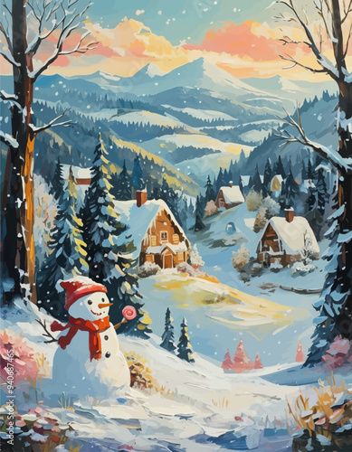 Winter Wonderland: A Snowy Scene with a Snowman and a Cozy Cabin