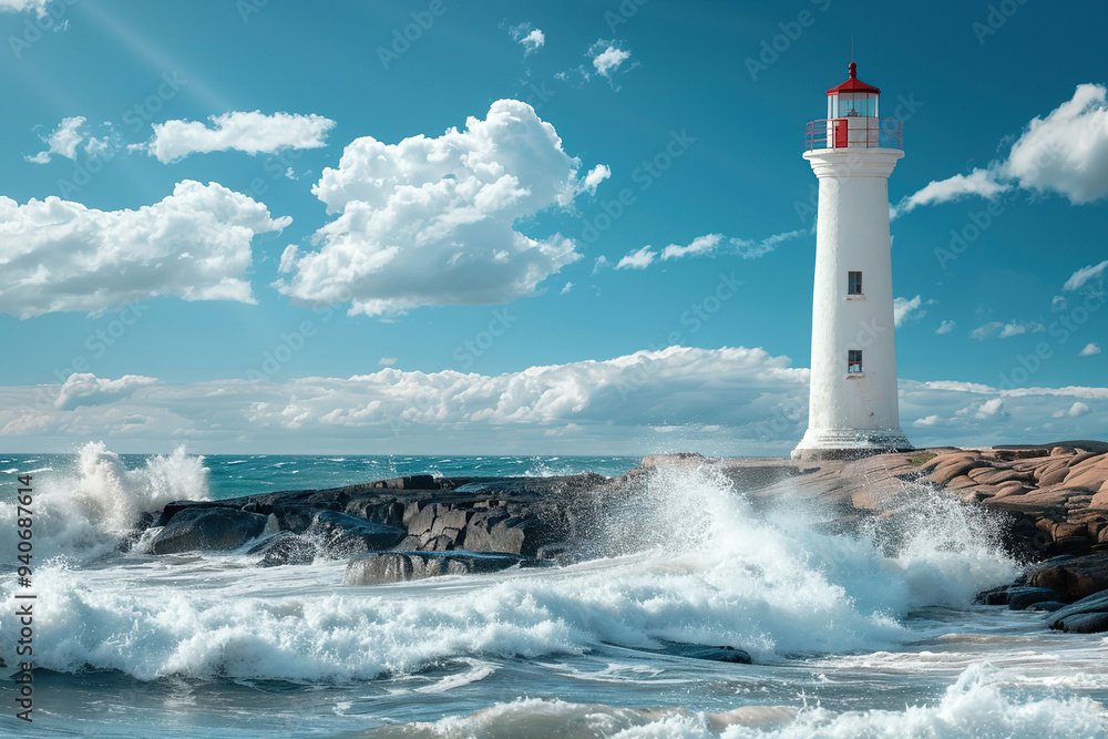 Generative ai on theme of large retro lighthouse with beam of bright light shining out to blue sea Generative ai on theme of large retro lighthouse with beam of bright light shining out to blue sea