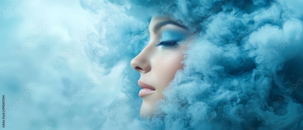 A woman's face in tight focus, her eyes shut Blue smoke escapes from her visage A woman's face in tight focus, her eyes shut Blue smoke escapes from her visage