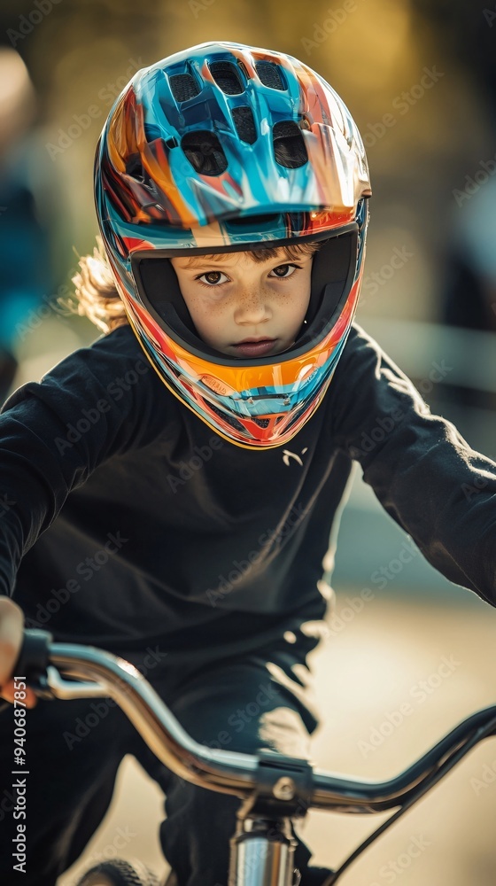 A young BMX rider in a vibrant helmet, focused and determined, ready to race on a smooth surface, with copy space for text A young BMX rider in a vibrant helmet, focused and determined, ready to race on a smooth surface, with copy space for text