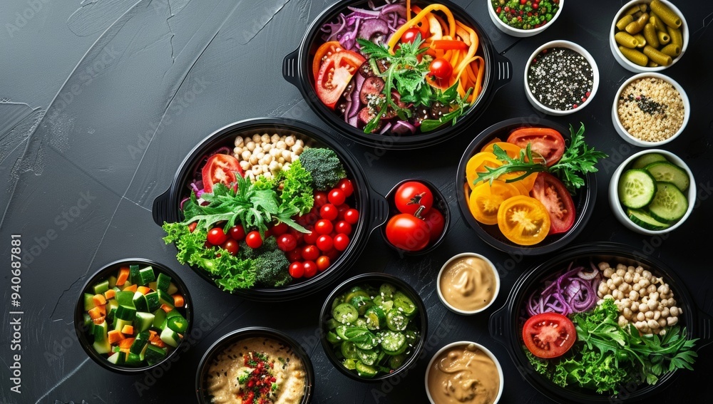 A table full of food with a variety of vegetables and sauces A table full of food with a variety of vegetables and sauces