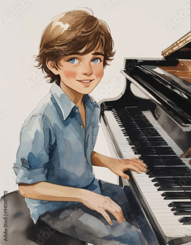 Young boy playing piano, smiling, with blue shirt and jeans, artistic illustration