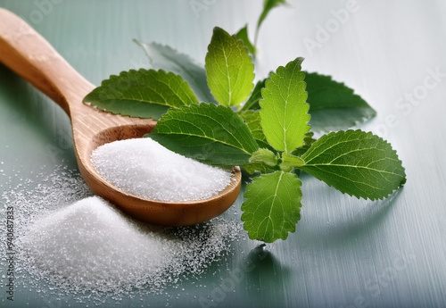 Stevia sweetener in the wooden spoon, with stevia leaves