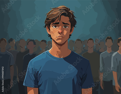 Young Man with Concerned Expression in Crowd