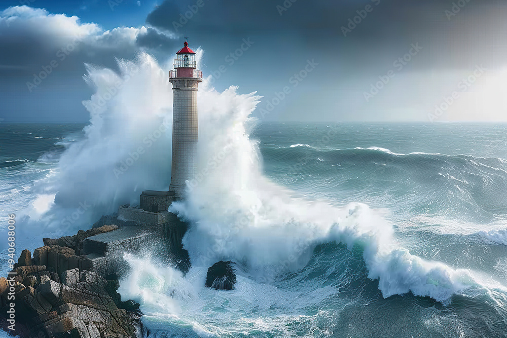 Generative ai on theme of large retro lighthouse with beam of bright light shining out to blue sea Generative ai on theme of large retro lighthouse with beam of bright light shining out to blue sea