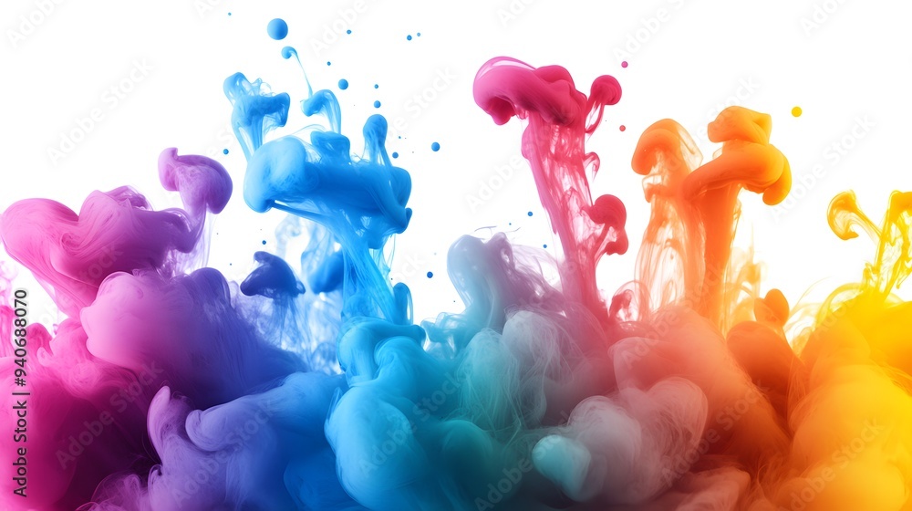Colorful Ink Droplets: Vibrant ink droplets suspended in motion, blending together on a white background in a mesmerizing display.
