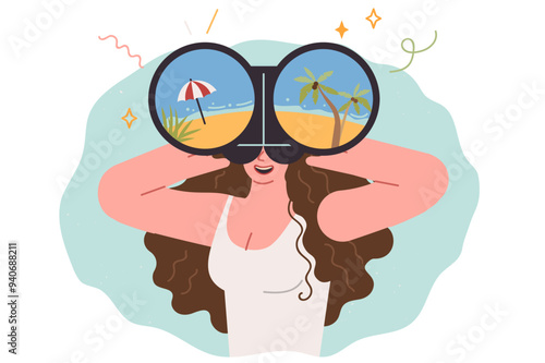 Woman dreams of summer trip to beach and looks through binoculars at seashore with palm trees