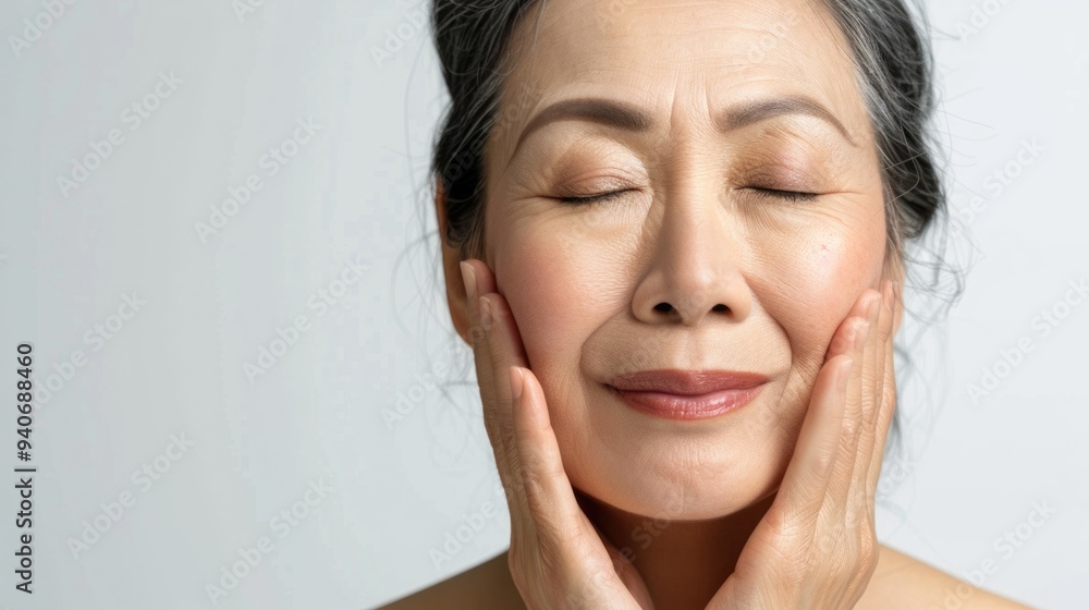 Happy Asian woman pampering skin with anti aging products. Happy Asian woman pampering skin with anti aging products.