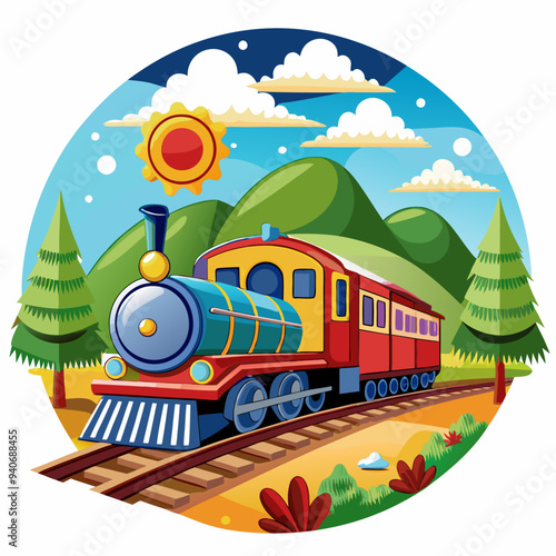 Colorful Cartoon Train Traveling Through a Scenic Landscape
