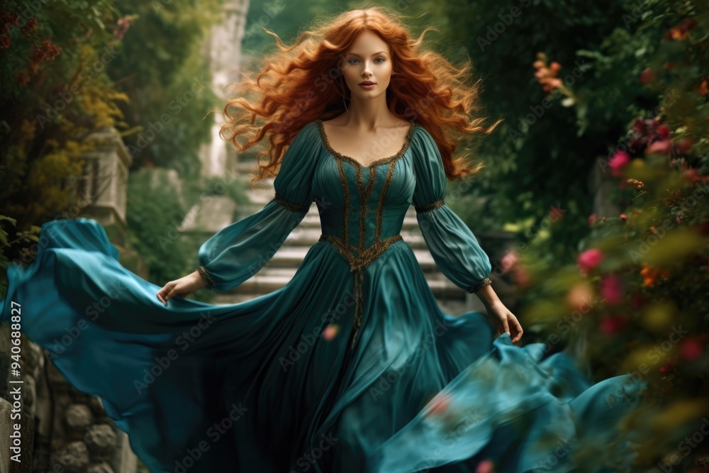 Fototapeta premium Redhead queen in blue velvet dress walking in garden.