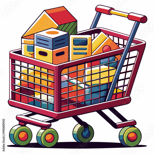 A Red Shopping Cart Filled with Colorful Packages