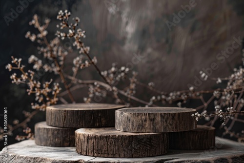 Wooden podium with tree branches and blurred background.