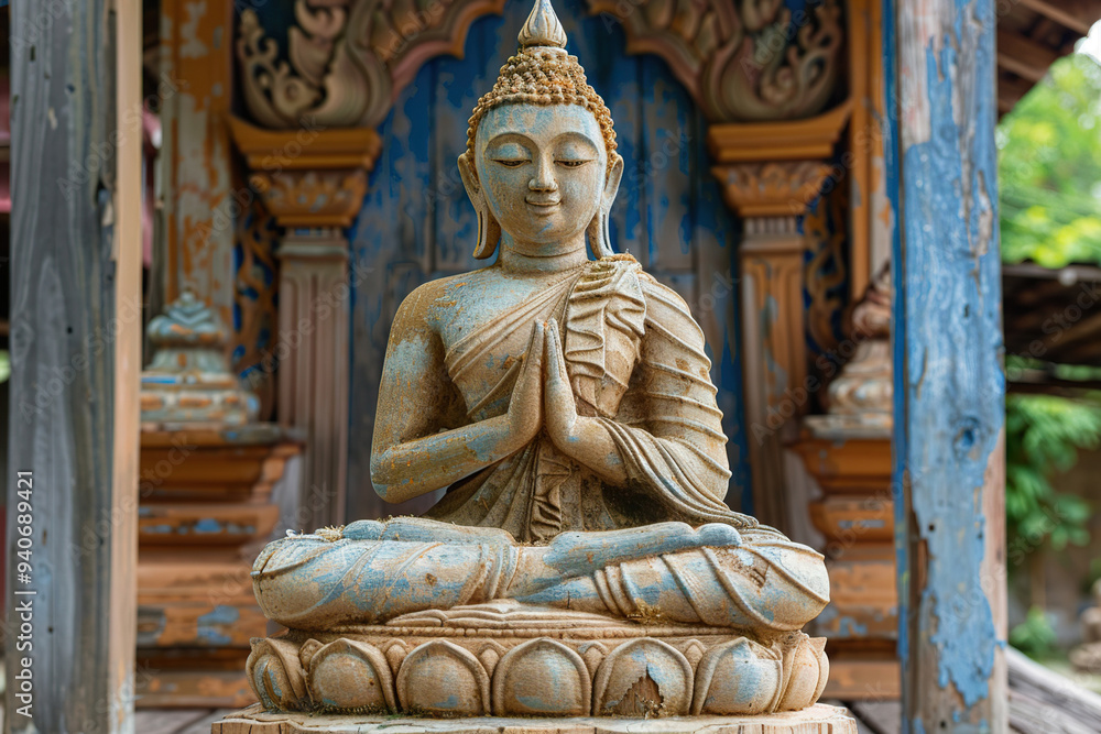 Obraz premium Beautiful greeting card with ancient statue great Buddha to bright holiday composition