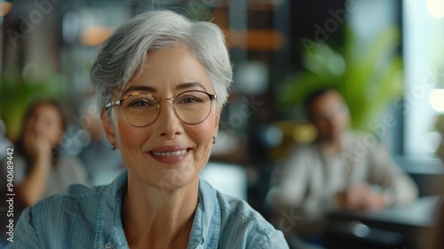 Elderly businesswoman in glasses smiling at colleague during team meeting