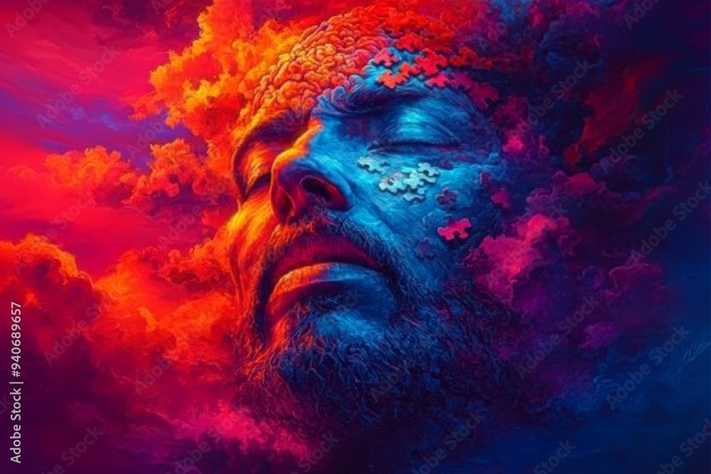 Surreal profile of a man with fiery clouds symbolizing the intense emotional turmoil creativity and the explosive nature of thought and imagination Surreal profile of a man with fiery clouds symbolizing the intense emotional turmoil creativity and the explosive nature of thought and imagination
