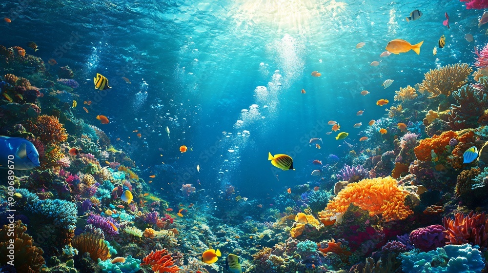 A diver exploring a vibrant coral reef, surrounded by colorful fish and marine life, with sunlight filtering through the water surface A diver exploring a vibrant coral reef, surrounded by colorful fish and marine life, with sunlight filtering through the water surface