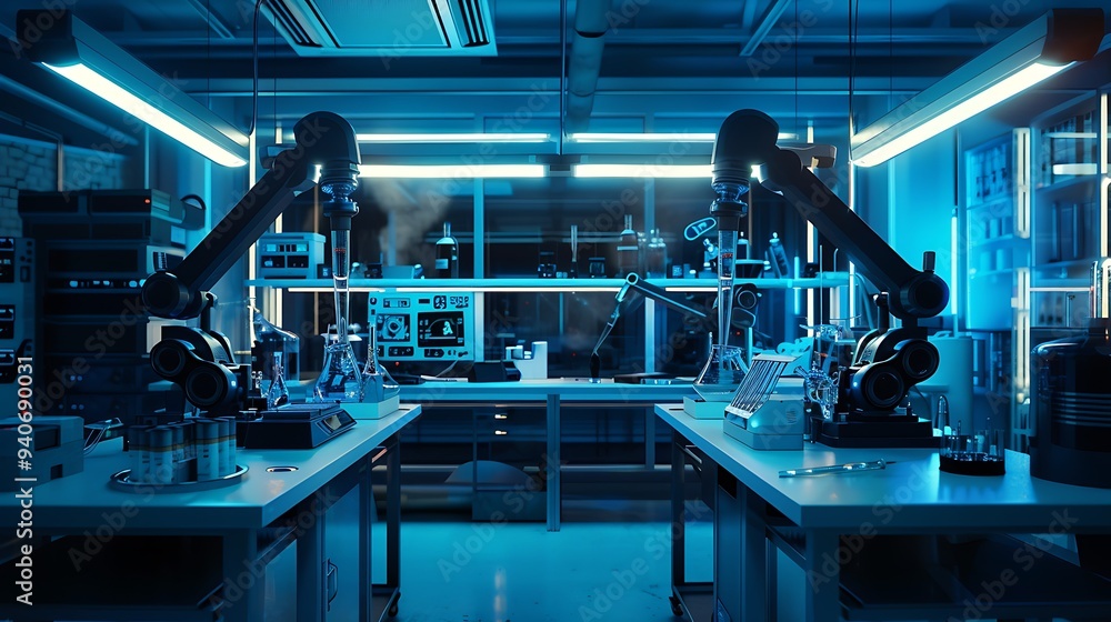 High-tech laboratory with robotic arms conducting experiments under glowing LED lights / High-tech laboratory with robotic arms conducting experiments under glowing LED lights /