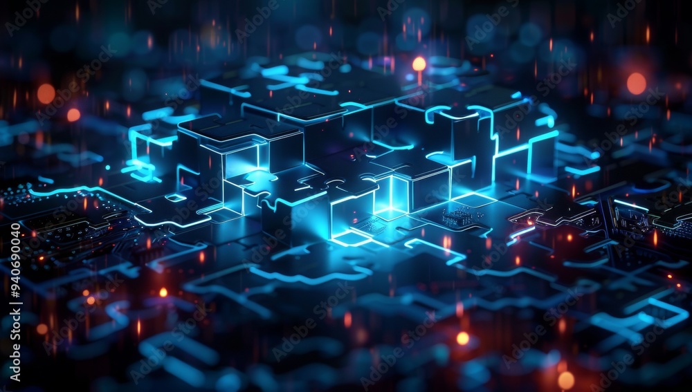 A computer chip with blue and red lights A computer chip with blue and red lights