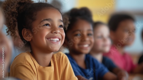 Diverse Group of Young Students Smiling in Classroom, Engaged in Learning